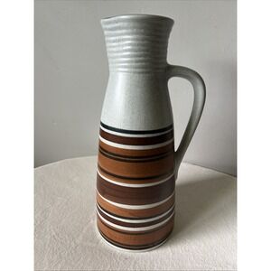 Vintage Lapid Israel Hand Painted Blue Brown Stripe Stoneware Pitcher 12" MCM